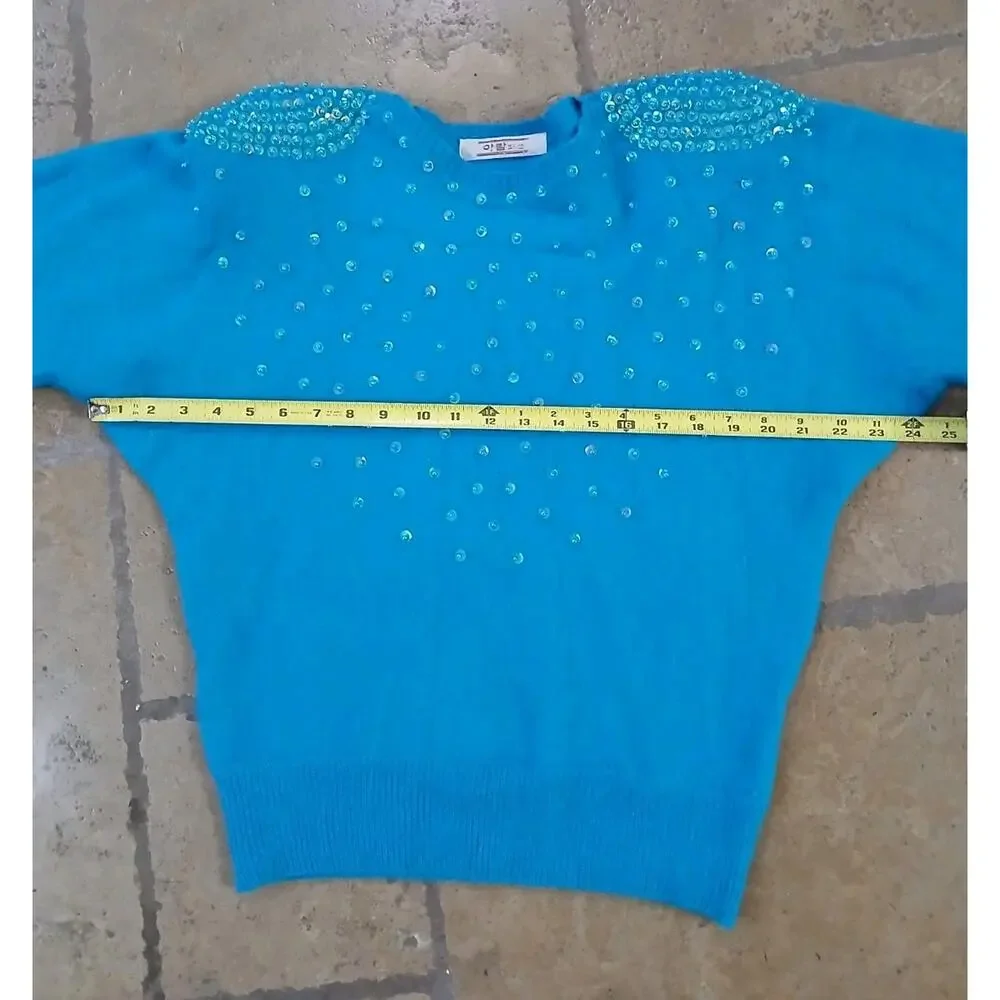 1980s Beaded Sequin CASHMERE Sweater Sz Small‎ Aqua Green Round Neck Barbiecore